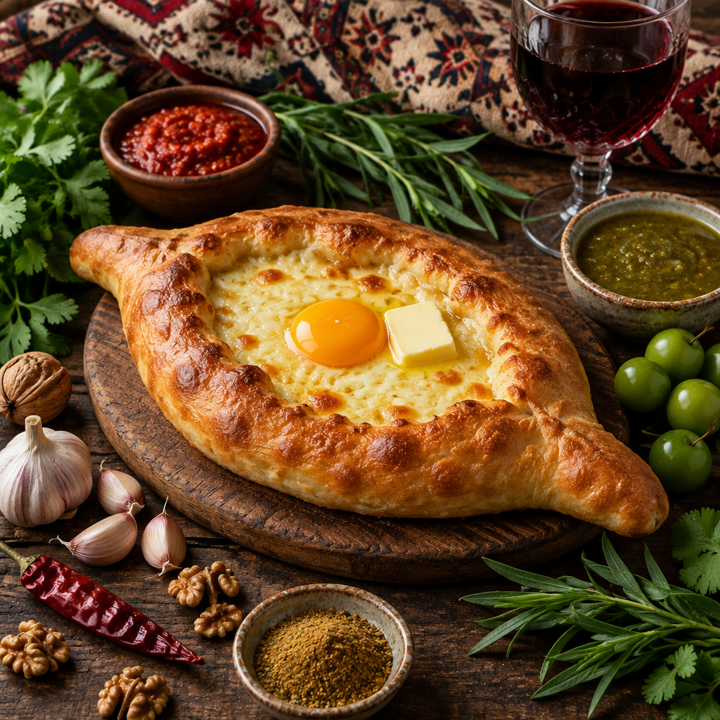 Chatschapuri Adjaruli mit Eigelb und Butter auf rustikalem Holzbrett, daneben Schalen mit roter Adjika und grüner Tkemali, grüne Kirschpflaumen, Koriander, Estragon, Knoblauch, Walnüsse, Chmeli-Suneli und ein Glas georgischer Rotwein