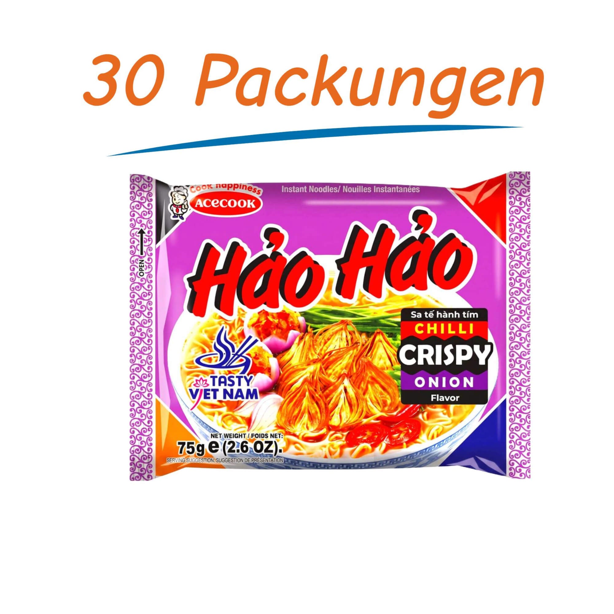 Acecook Hao Hao Instant Noodles Chili Knusprige Zwiebel 30er Pack (30 x 75g)