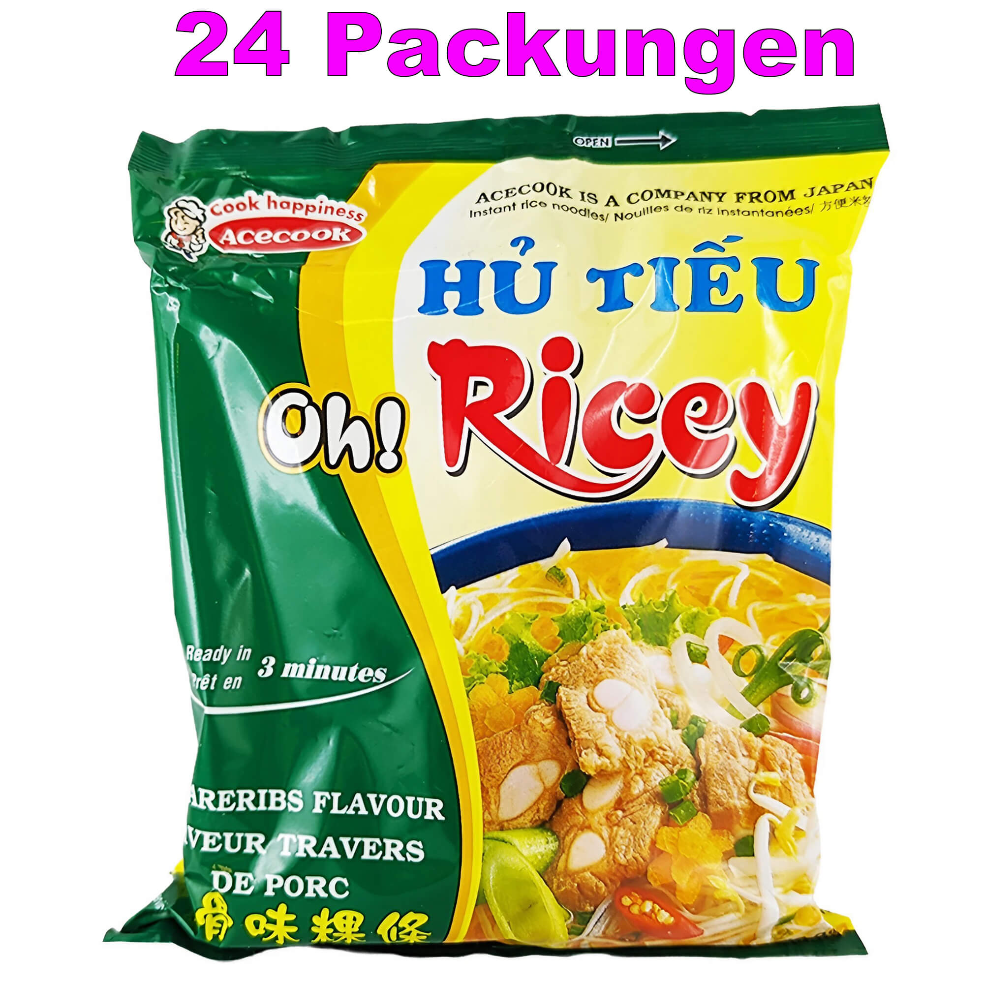 Acecook Nouilles de riz instantanées Hu Tieu goût côtes levées Pack de 24 (24 x 70g)
