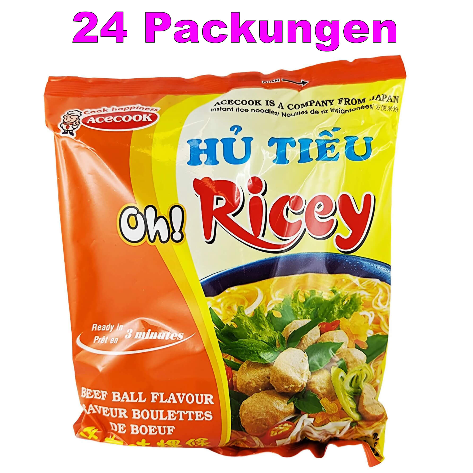 Acecook Nouilles de riz instantanées Hu Tieu saveur boulettes de bœuf Pack de 24 (24 x 70g)