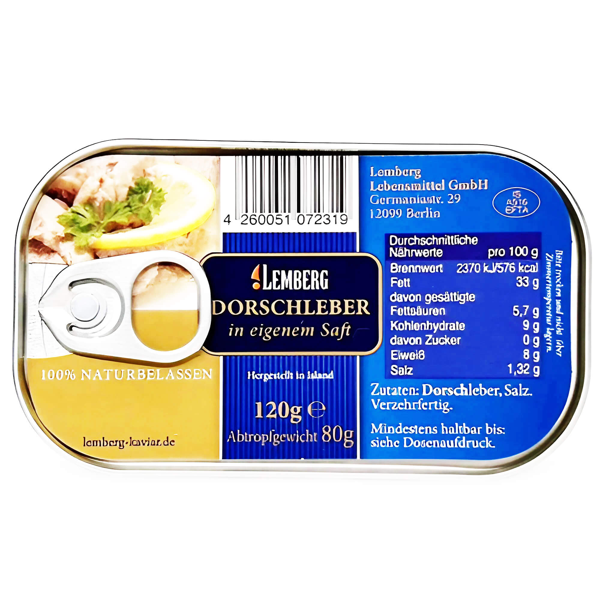 Lemberg kabeljauwlever in eigen sap 120g