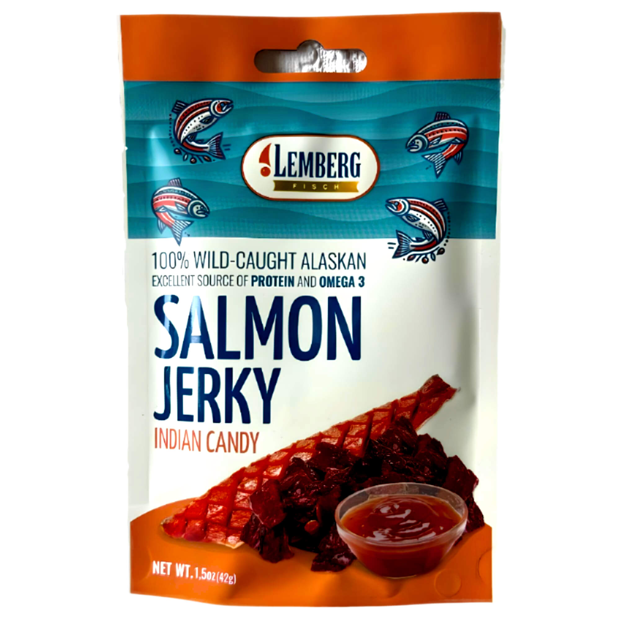 Lemberg Lachsfilet Jerky in indischer Candy Sauce getrocknet 42g