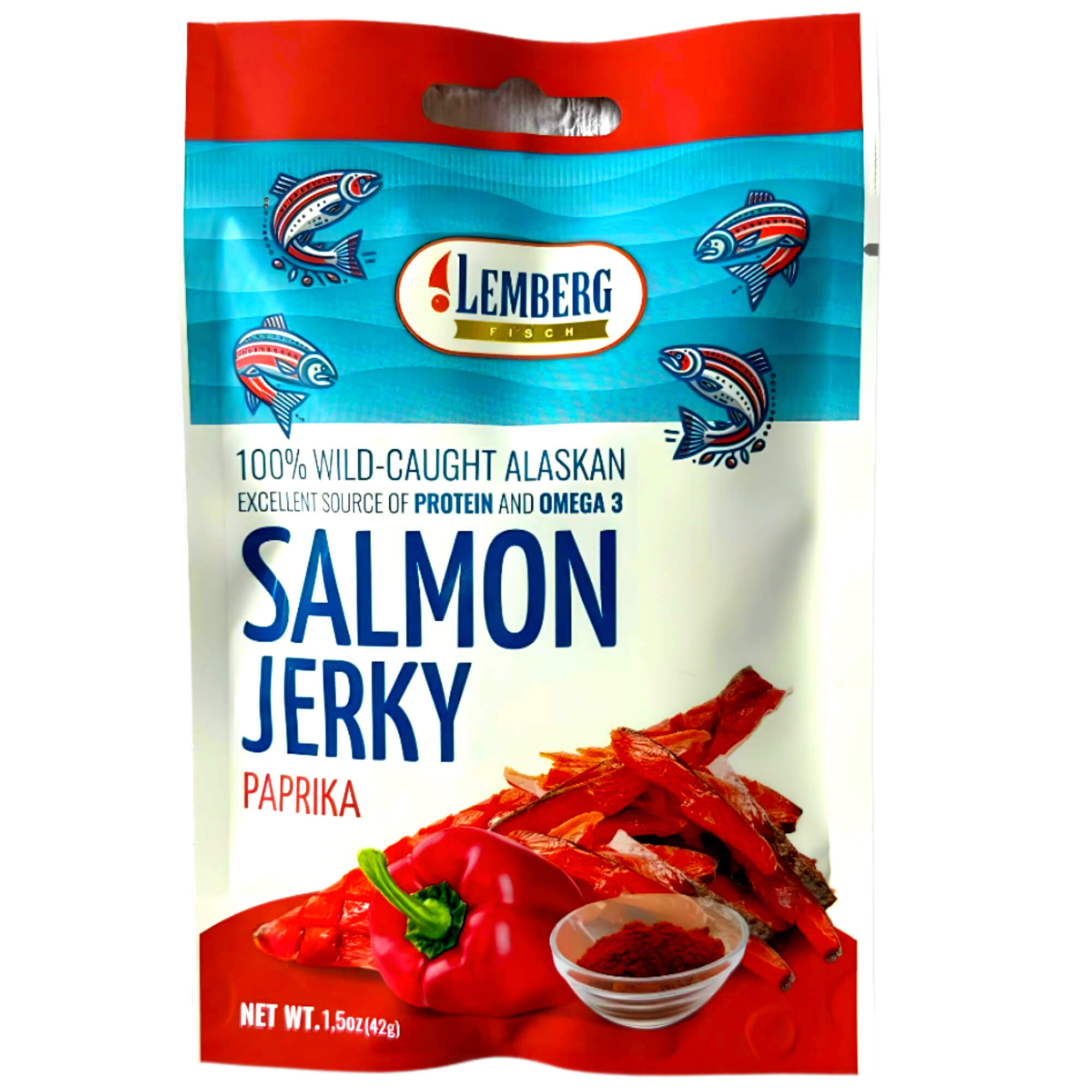 Lemberg Lachsfilet Jerky mit Paprika getrocknet 42g