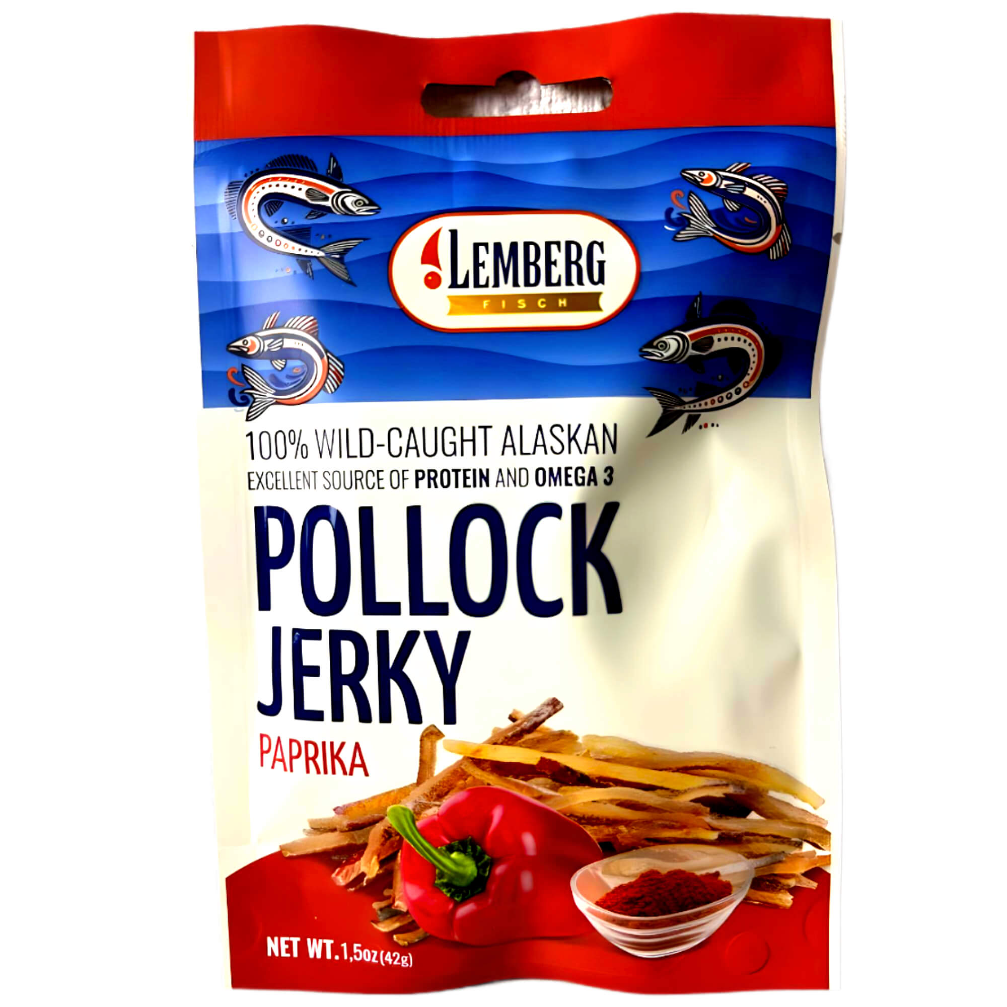 Lemberg Seelachsfilet Jerky mit Paprika getrocknet 42g