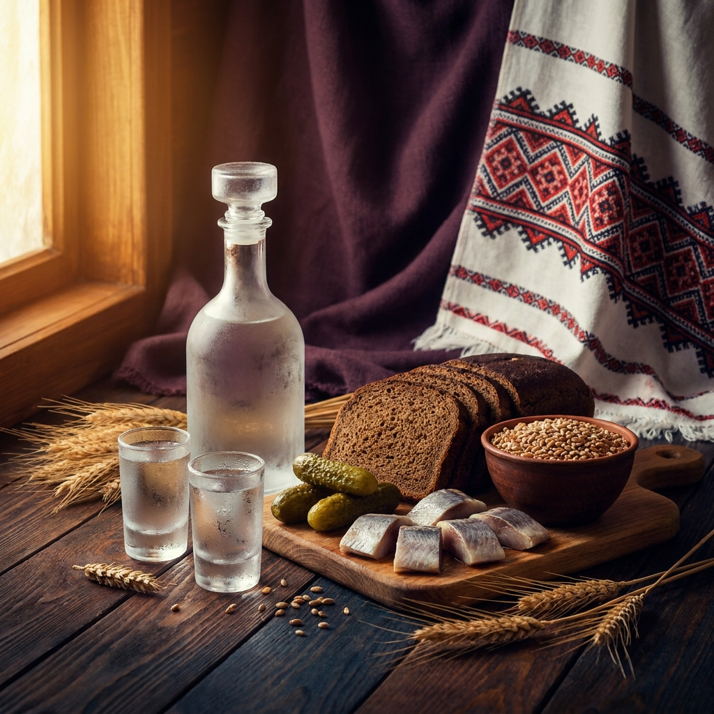Wodka-Karaffe und zwei eiskalte Schnapsgläser auf rustikalem Holztisch mit Zakuski: Schwarzbrot, eingelegte Gurken, Hering, Weizenkörner und Getreideähren, im Hintergrund ein bestickter Rushnyk