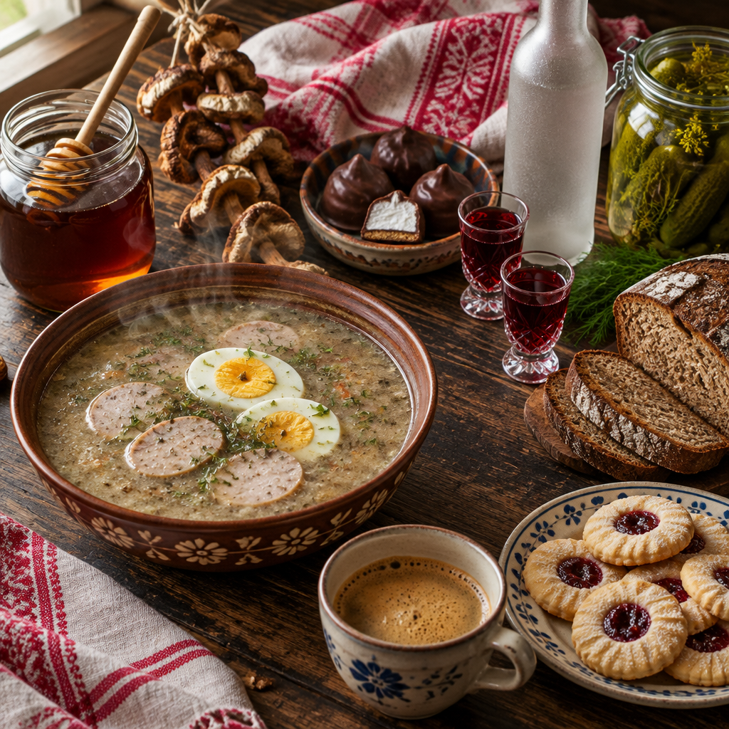 Polnische Speisekammer auf rustikalem Holztisch: Schüssel Żurek mit Ei und Weißwurst, Buchweizenhonig, getrocknete Steinpilze, Vogelmilch-Pralinen, Kaffee, Kekse, Kirschlikör, Roggenbrot, Dill und Salzgurken