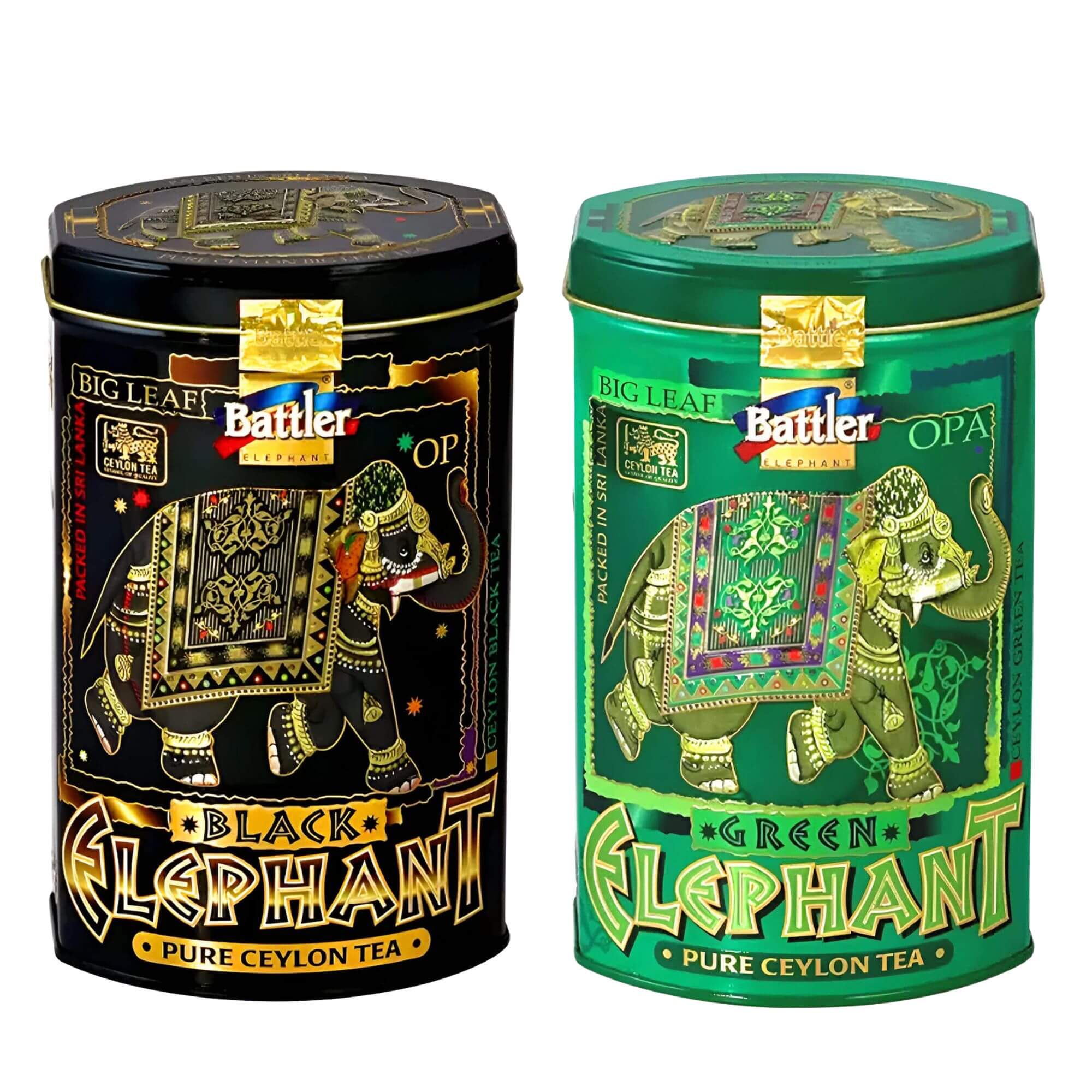 Battler Tee 2er Set – Black Elephant 100g & Green Elephant 100g - Edler Ceylon Schwarz- & Grüntee in Metalldosen