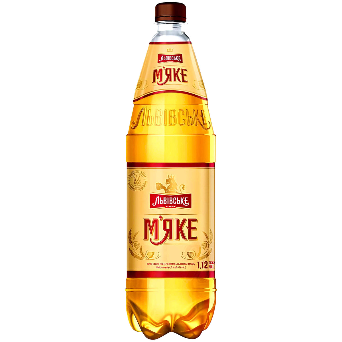 Ukrainian draught beer “Lvivske Miake,” pale and pasteurized, 4.2% ABV, 1.12 L (including a €0.25 single-use deposit)