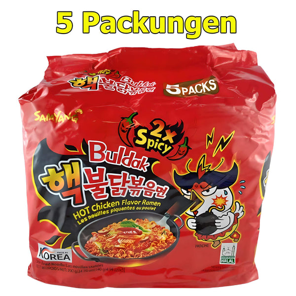 Samyang Buldak Instant Nudelgericht Hot Chicken 2x scharf 5er Pack (5 x 140g)