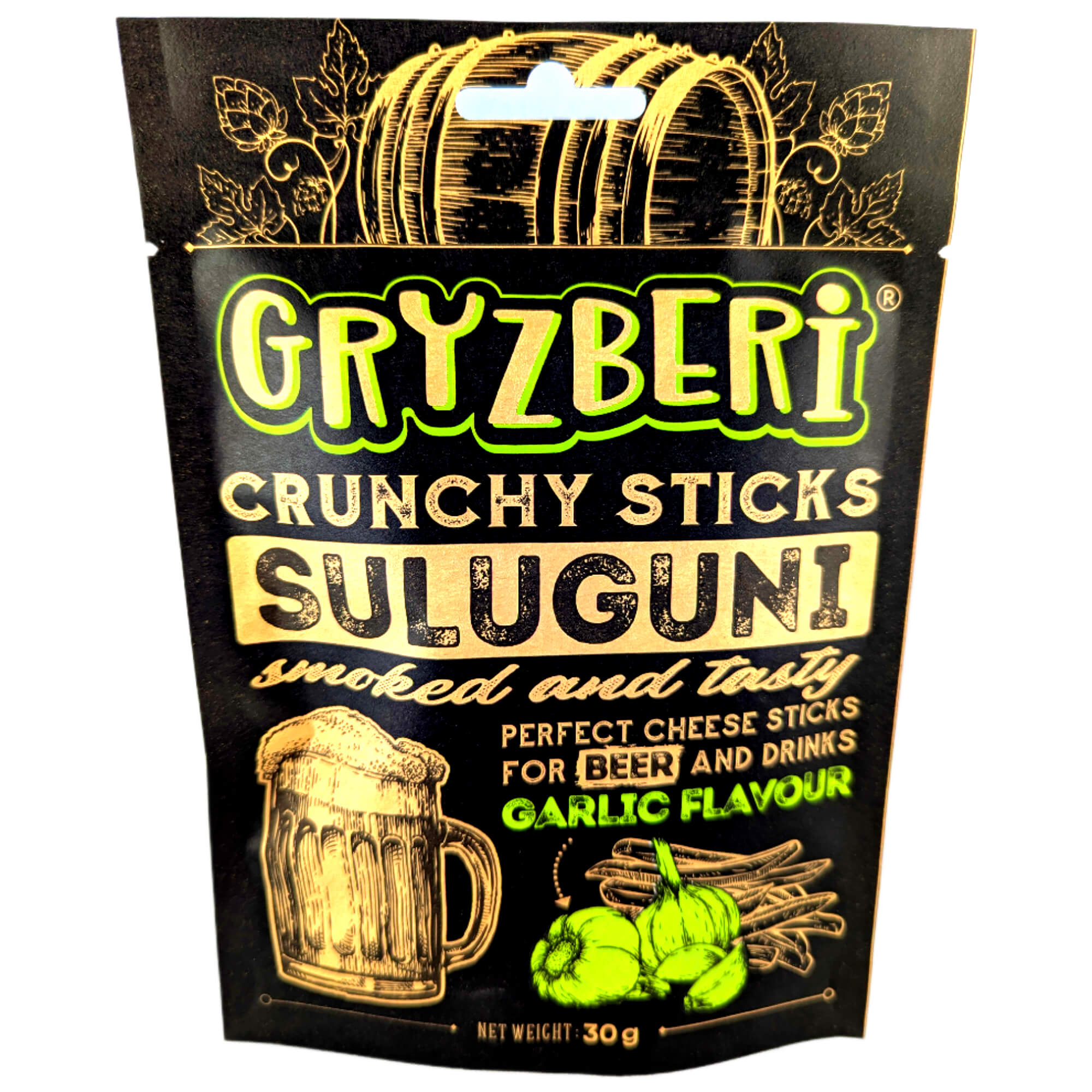 Gryzberi Suluguni Käsestäbchen gepufft & geräuchert mit Knoblauch 30g