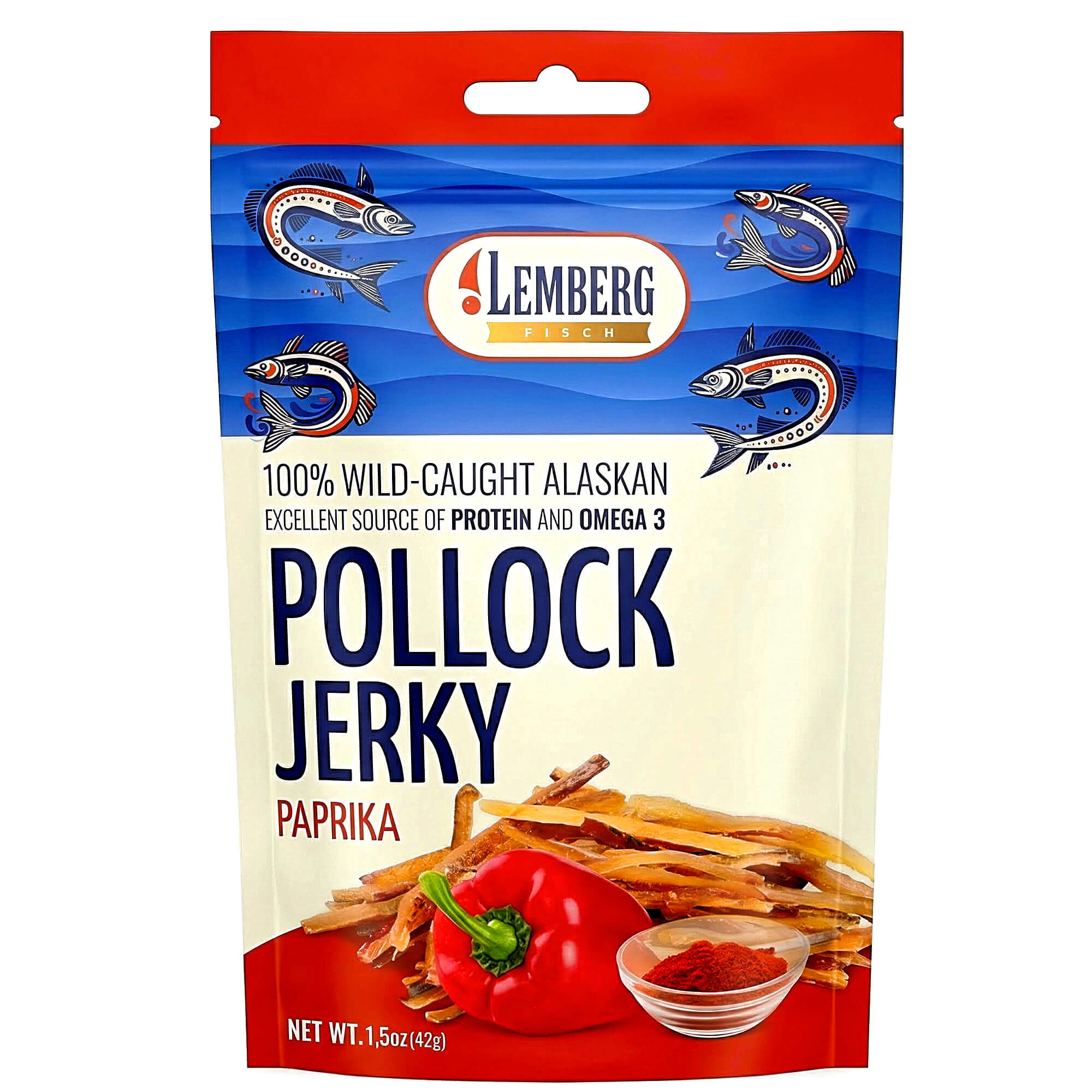 Lemberg Seelachsfilet Jerky mit Paprika getrocknet 42g