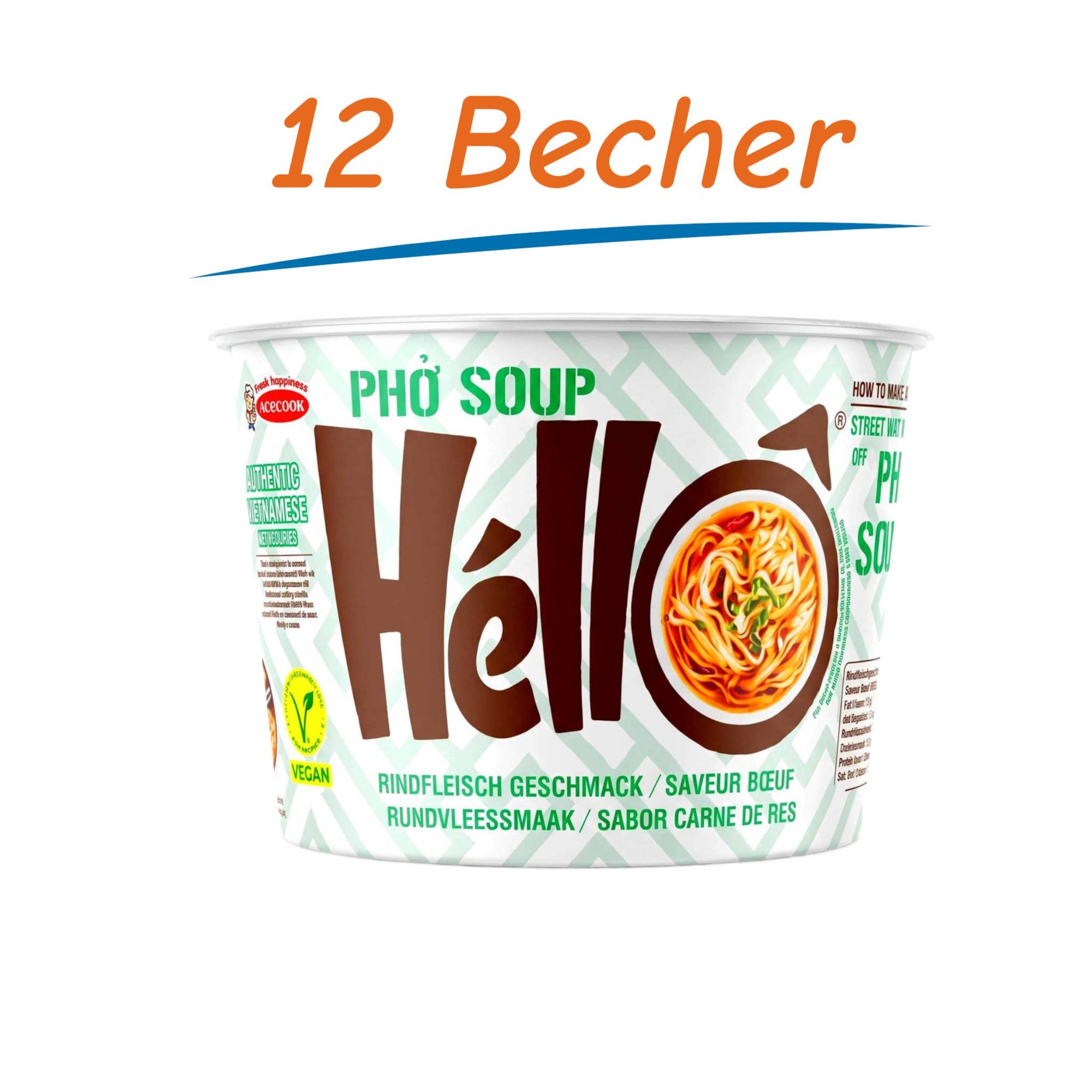 Acecook Hello Pho Instant Reisnudeln Suppe Rind 12er Pack (12 x 70g)