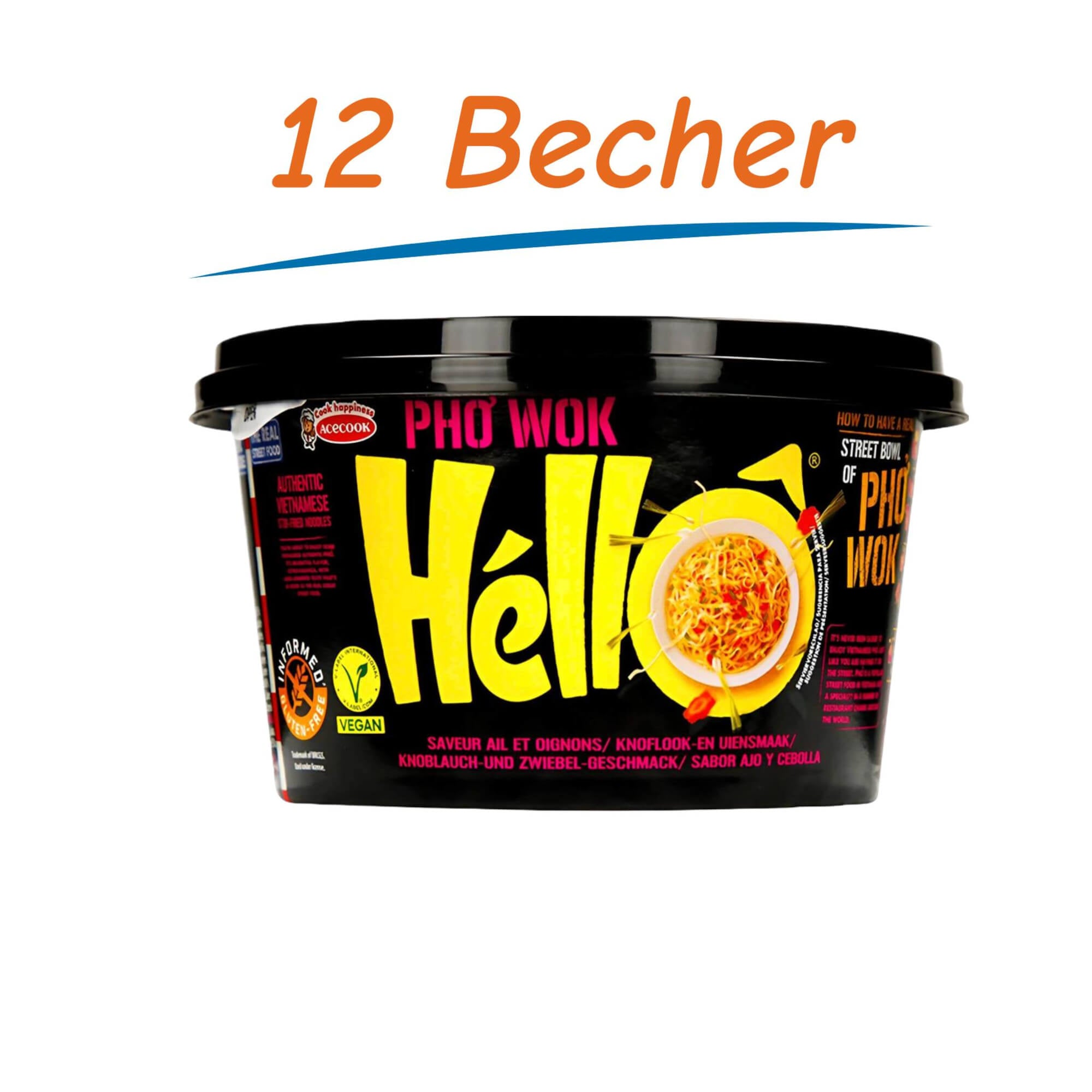 Acecook Hello Pho Wok Instant Reisnudeln Zwiebel & Knoblauch 12er Pack (12 x 76g)