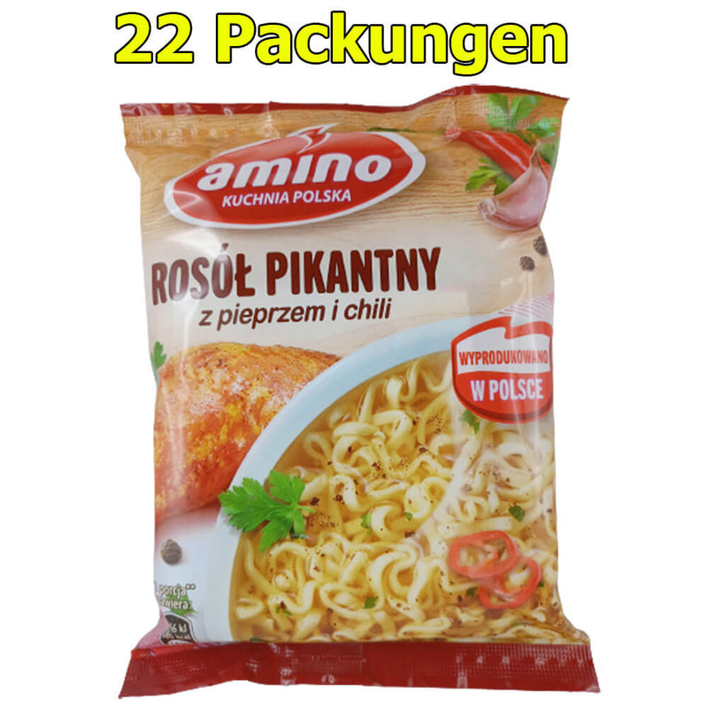 Amino Polnische Instant Nudelsuppe mit Hühnerfleischgeschmack und Chili 22er Pack (22 x 58g)