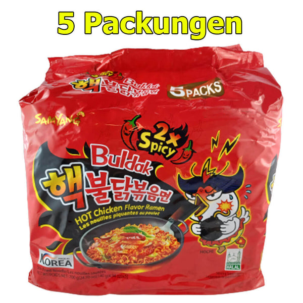 Samyang Buldak Instant Nudelgericht Hot Chicken 2x scharf 5er Pack (5 x 140g)